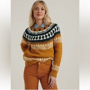 Lucky Brand Bold Fair Isle Sweater Mustard Gold Size Medium Wool Blend Nordic